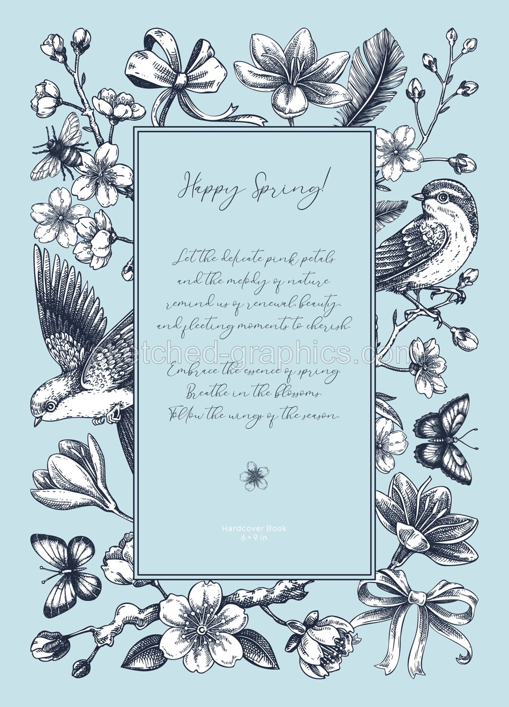 Rococo spring background. Hand-drawn flowers, flying birds, blooming cherry vector illustration sketch. Vintage frame, book cover, greeting card. NOT AI generated Illustration
